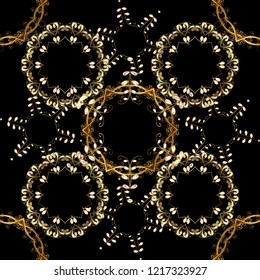 Golden snowflake simple seamless pattern. Abstract wallpaper, wrapping decoration. Symbol of winter, Merry Christmas holiday, Happy New Year 2019. Vector golden pattern on black, brown, yellow colors.