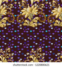 Golden snowflake simple seamless pattern. Vector golden pattern on blue, brown, yellow colors. Symbol of winter, Merry Christmas holiday, Happy New Year 2019. Abstract wallpaper, wrapping decoration.