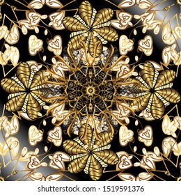 Golden snowflake simple seamless pattern. Abstract wallpaper, wrapping decoration. Vector golden pattern on black and yellow colors. Symbol of winter, Merry Christmas holiday, Happy New Year 2019.