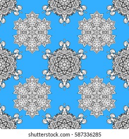 Golden snowflake simple seamless pattern. Abstract wallpaper, wrapping decoration. Symbol of winter, Merry Christmas holiday, Happy New Year 2018. Vector white pattern on blue background.