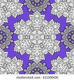 Golden snowflake simple seamless pattern. Abstract wallpaper, wrapping decoration. Symbol of winter, Merry Christmas holiday, Happy New Year 2018. Vector white pattern on violet background.