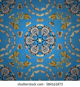 Golden snowflake simple. Symbol of winter, Merry Christmas holiday, Happy New Year 2018. Vector golden pattern on blue background. Abstract wallpaper, wrapping decoration.