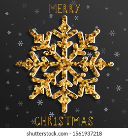 Golden snowflake in sparkles casts a shadow on a dark background with light snowflakes with a golden geometric inscription "Merry Christmas". Vector christmas illustration in black-gold color palette