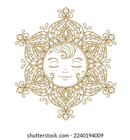 Golden snowflake sun illustration. Winter holiday decor.