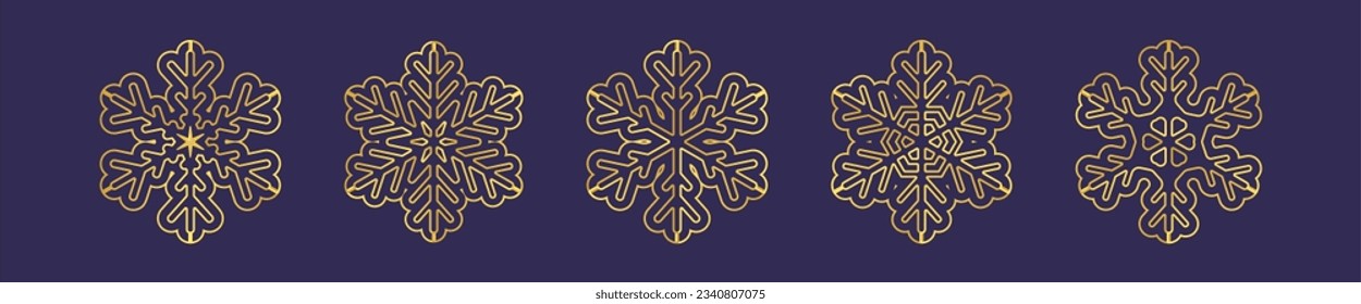 Icono de la línea delgada del copo de nieve dorado. Plano de esténcil de copos de nieve de aceite.