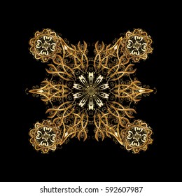 Golden snowflake vector design in golden colors. Isolated ornament. Snow flakes background. Vector illustration.