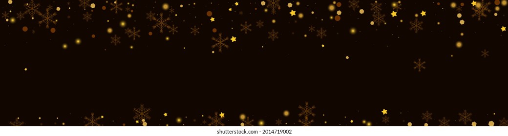 Golden Snowflake Vector Pnoramic Brown Background. Sparkling Glitter Confetti Pattern. Elegant Stars Illustration. Christmas Flake Wallpaper.