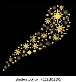 Golden snowflake wave. Winter snow gift card or luxury celebration snow in wind. Isolated vector background