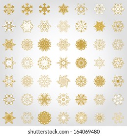 Golden Snowflake winter Christmas flat icon set. Winter holiday symbol, vector