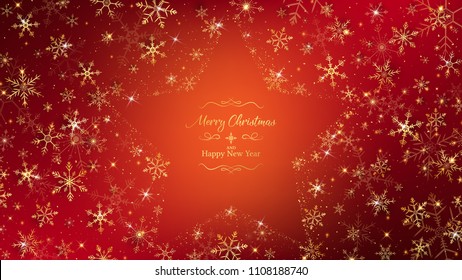 Golden snowflakes around on artwork all of surface lay down gold glitters except middle leave space as a star shape. lettering text get the same theme in luxury sparkling.