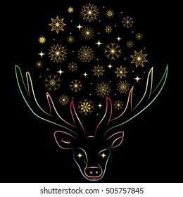 Golden Snowflakes Arranged in a Shape of a Circle Between Deer's Horns. Hand Drawn Colorful Silhouette of Reindeer. Perfect for Festive Design. Vector Illustration.