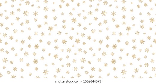 Golden snowflakes background. Luxury vector Christmas seamless pattern with small gold snow flakes on white backdrop. Winter holidays texture. Repeat design for decor, wallpapers, wrapping, website