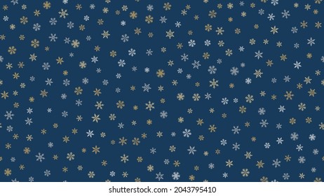 Golden snowflakes background. Luxury vector Christmas seamless pattern with small gold and silver snow flakes on dark blue background. Winter holidays theme. Design for decor, wallpaper, web, print