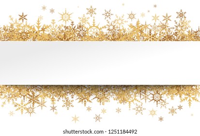 golden snowflakes behind empty white banner frame for christmas winter greetings on white background