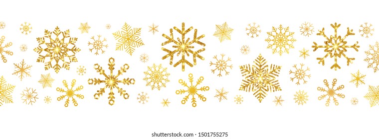 Golden snowflakes border. Merry Christmas and Happy New Year greeting card with glitter gold snowflakes. Luxury holiday decoration banner. Vector illustration.