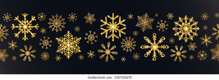 Golden snowflakes border on black background. Merry Christmas and Happy New Year greeting card with glitter gold snowflakes. Luxury holiday decoration banner. Vector illustration.