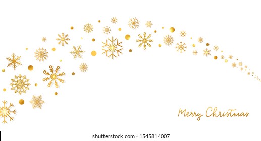 Golden snowflakes border in wave shape. Glitter gold snowflakes and snow with stars on white background. Merry Christmas and Happy New Year design for card, banner, invitation. Vector illustration.