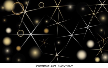Golden Snowflakes. Christmas Confetti. Festive Background with Yellow and Orange Bokeh and Stars. New Year Background with Gold Glitter made of Snowflakes and Stars. Confetti on Black Backdrop