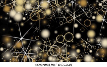 Golden Snowflakes. Christmas Confetti. Festive Background with Yellow and Orange Bokeh and Stars. New Year Background with Gold Glitter made of Snowflakes and Stars. Confetti on Black Backdrop