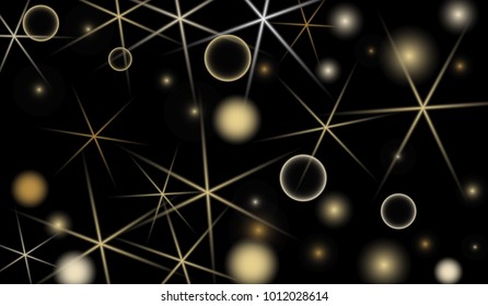 Golden Snowflakes. Christmas Confetti. Festive Background with Yellow and Orange Bokeh and Stars. New Year Background with Gold Glitter made of Snowflakes and Stars. Confetti on Black Backdrop