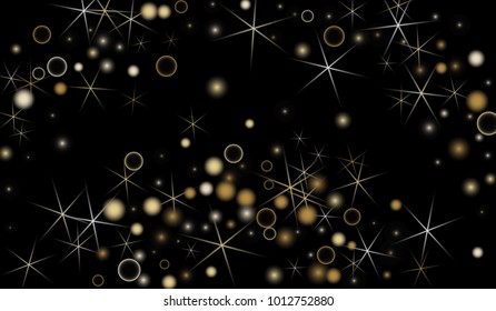 Golden Snowflakes. Christmas Confetti. Festive Background with Yellow and Orange Bokeh and Stars. New Year Background with Gold Glitter made of Snowflakes and Stars. Confetti on Black Backdrop