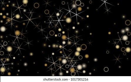 Golden Snowflakes. Christmas Confetti. Festive Background with Yellow and Orange Bokeh and Stars. New Year Background with Gold Glitter made of Snowflakes and Stars. Confetti on Black Backdrop