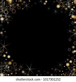 Golden Snowflakes. Christmas Confetti. Festive Background with Yellow and Orange Bokeh and Stars. New Year Background with Gold Glitter made of Snowflakes and Stars. Confetti on Black Backdrop