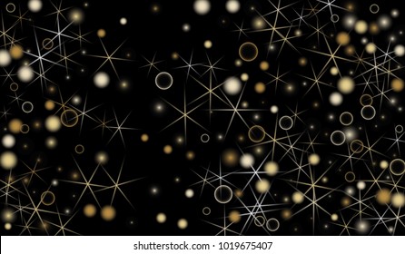 Golden Snowflakes. Christmas Confetti. Festive Background with Yellow and Orange Bokeh and Stars. New Year Background with Gold Glitter made of Snowflakes and Stars. Confetti on Black Backdrop