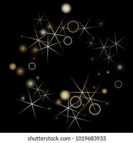 Golden Snowflakes. Christmas Confetti. Festive Background with Yellow and Orange Bokeh and Stars. New Year Background with Gold Glitter made of Snowflakes and Stars. Confetti on Black Backdrop