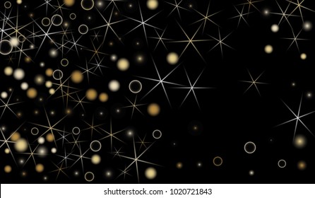 Golden Snowflakes. Christmas Confetti. Festive Background with Yellow and Orange Bokeh and Stars. New Year Background with Gold Glitter made of Snowflakes and Stars. Confetti on Black Backdrop