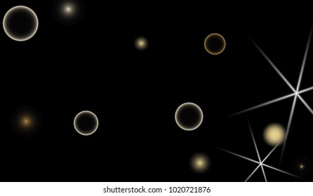 Golden Snowflakes. Christmas Confetti. Festive Background with Yellow and Orange Bokeh and Stars. New Year Background with Gold Glitter made of Snowflakes and Stars. Confetti on Black Backdrop