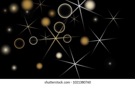 Golden Snowflakes. Christmas Confetti. Festive Background with Yellow and Orange Bokeh and Stars. New Year Background with Gold Glitter made of Snowflakes and Stars. Confetti on Black Backdrop