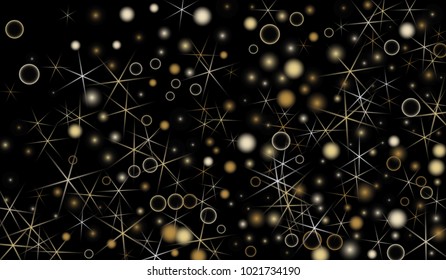 Golden Snowflakes. Christmas Confetti. Festive Background with Yellow and Orange Bokeh and Stars. New Year Background with Gold Glitter made of Snowflakes and Stars. Confetti on Black Backdrop