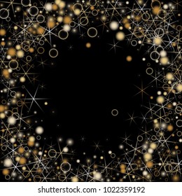 Golden Snowflakes. Christmas Confetti. Festive Background with Yellow and Orange Bokeh and Stars. New Year Background with Gold Glitter made of Snowflakes and Stars. Confetti on Black Backdrop