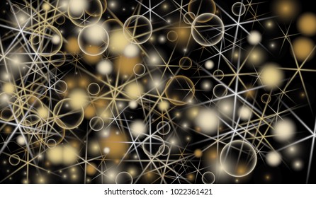 Golden Snowflakes. Christmas Confetti. Festive Background with Yellow and Orange Bokeh and Stars. New Year Background with Gold Glitter made of Snowflakes and Stars. Confetti on Black Backdrop