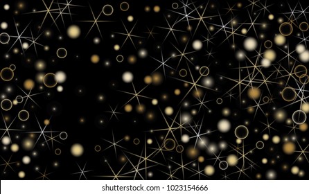 Golden Snowflakes. Christmas Confetti. Festive Background with Yellow and Orange Bokeh and Stars. New Year Background with Gold Glitter made of Snowflakes and Stars. Confetti on Black Backdrop
