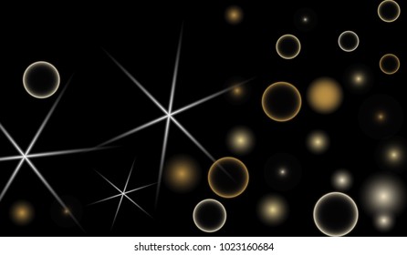Golden Snowflakes. Christmas Confetti. Festive Background with Yellow and Orange Bokeh and Stars. New Year Background with Gold Glitter made of Snowflakes and Stars. Confetti on Black Backdrop