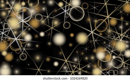 Golden Snowflakes. Christmas Confetti. Festive Background with Yellow and Orange Bokeh and Stars. New Year Background with Gold Glitter made of Snowflakes and Stars. Confetti on Black Backdrop