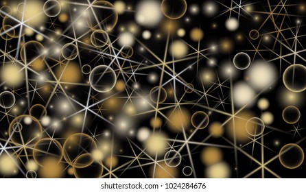 Golden Snowflakes. Christmas Confetti. Festive Background with Yellow and Orange Bokeh and Stars. New Year Background with Gold Glitter made of Snowflakes and Stars. Confetti on Black Backdrop