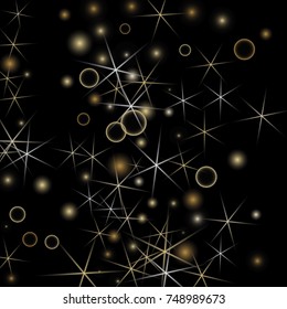 Golden Snowflakes. Christmas Confetti. Festive Background with Yellow and Orange Bokeh and Stars. New Year Background with Gold Glitter made of Snowflakes and Stars. Confetti on Black Backdrop