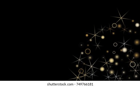 Golden Snowflakes. Christmas Confetti. Festive Background with Yellow and Orange Bokeh and Stars. New Year Background with Gold Glitter made of Snowflakes and Stars. Confetti on Black Backdrop