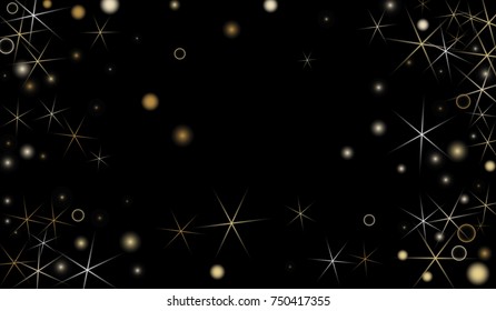 Golden Snowflakes. Christmas Confetti. Festive Background with Yellow and Orange Bokeh and Stars. New Year Background with Gold Glitter made of Snowflakes and Stars. Confetti on Black Backdrop