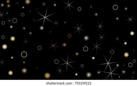 Golden Snowflakes. Christmas Confetti. Festive Background with Yellow and Orange Bokeh and Stars. New Year Background with Gold Glitter made of Snowflakes and Stars. Confetti on Black Backdrop