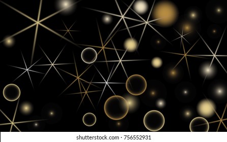 Golden Snowflakes. Christmas Confetti. Festive Background with Yellow and Orange Bokeh and Stars. New Year Background with Gold Glitter made of Snowflakes and Stars. Confetti on Black Backdrop
