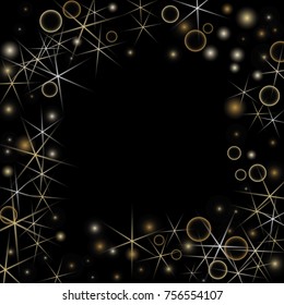 Golden Snowflakes. Christmas Confetti. Festive Background with Yellow and Orange Bokeh and Stars. New Year Background with Gold Glitter made of Snowflakes and Stars. Confetti on Black Backdrop