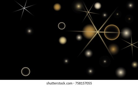 Golden Snowflakes. Christmas Confetti. Festive Background with Yellow and Orange Bokeh and Stars. New Year Background with Gold Glitter made of Snowflakes and Stars. Confetti on Black Backdrop
