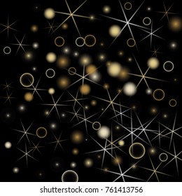 Golden Snowflakes. Christmas Confetti. Festive Background with Yellow and Orange Bokeh and Stars. New Year Background with Gold Glitter made of Snowflakes and Stars. Confetti on Black Backdrop