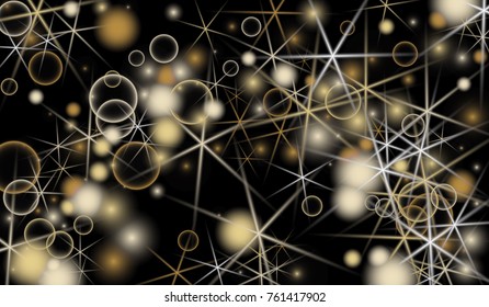 Golden Snowflakes. Christmas Confetti. Festive Background with Yellow and Orange Bokeh and Stars. New Year Background with Gold Glitter made of Snowflakes and Stars. Confetti on Black Backdrop