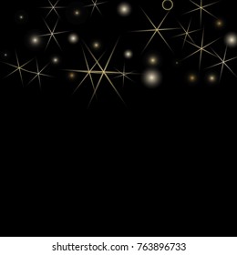 Golden Snowflakes. Christmas Confetti. Festive Background with Yellow and Orange Bokeh and Stars. New Year Background with Gold Glitter made of Snowflakes and Stars. Confetti on Black Backdrop