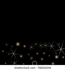 Golden Snowflakes. Christmas Confetti. Festive Background with Yellow and Orange Bokeh and Stars. New Year Background with Gold Glitter made of Snowflakes and Stars. Confetti on Black Backdrop
